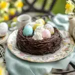 "Ingredients for Chocolate Easter Egg Nest Cake: flour, cocoa powder, eggs, chocolate, and candy eggs."