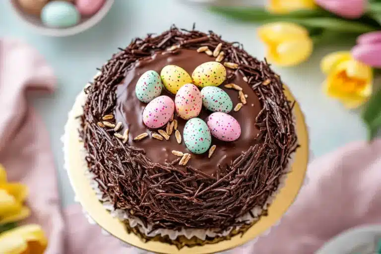 "Chocolate Easter Egg Nest Cake topped with candy eggs and shredded chocolate."