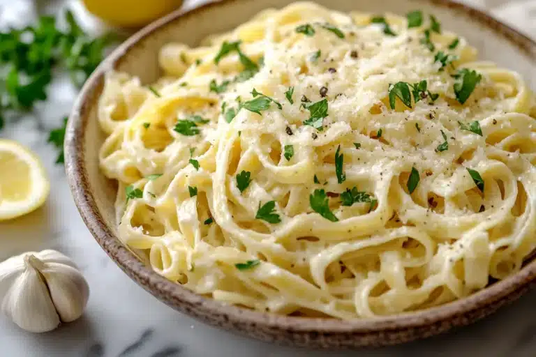 "A bowl of creamy garlic pasta garnished with fresh parsley and Parmesan cheese."