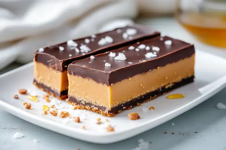 Homemade peanut butter bars with chocolate drizzle and crushed peanuts on a wooden board.