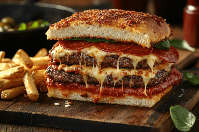 "A juicy Pepperoni Pizza Burger topped with melted mozzarella, pepperoni slices, and marinara sauce."