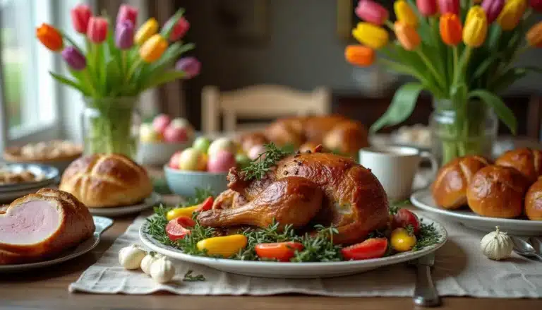 "A table spread of Traditional Easter Foods including roasted lamb, deviled eggs, and freshly baked hot cross buns."