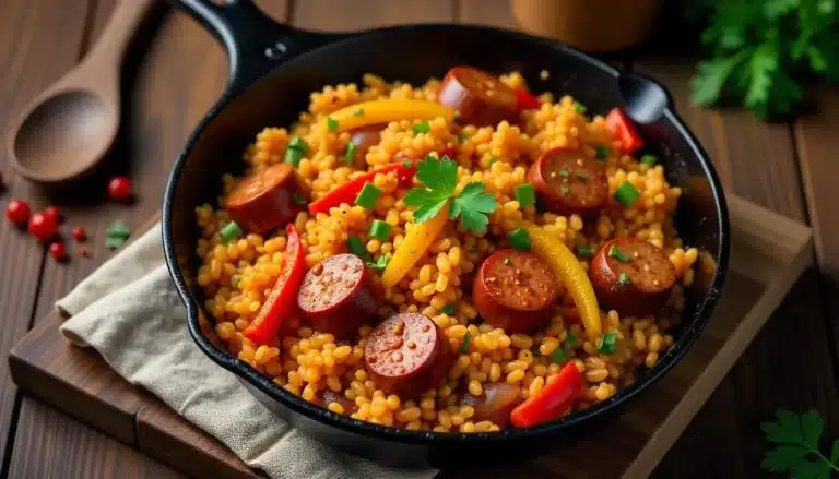 "One-pan Cajun sausage and rice skillet served with a side of cornbread."