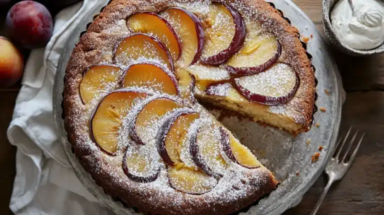 Golden-brown plum torte with caramelized plums and powdered sugar on a vintage cake stand, slice showing moist layers NYT Original Plum Torte