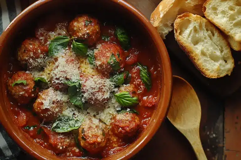 "Ingredients for Traditional Italian Meatballs: ground beef, breadcrumbs, Parmesan cheese, garlic, eggs, and fresh parsley."
