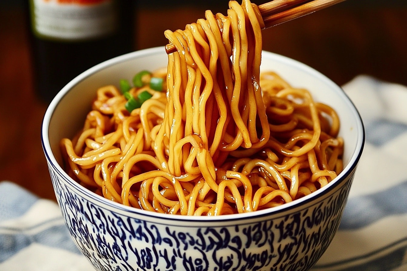 Hibachi noodles in a bowl with sesame seeds and chopped scallions