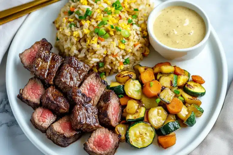 Hibachi Steak Recipe with rice and veggies on a white plate