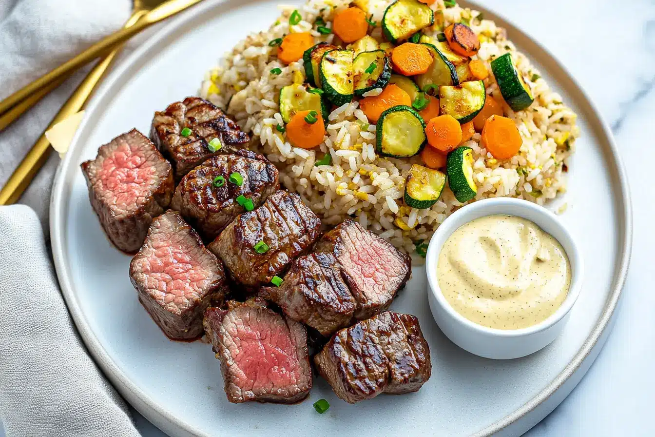 Hibachi steak with rice and veggies on a white plate tasty