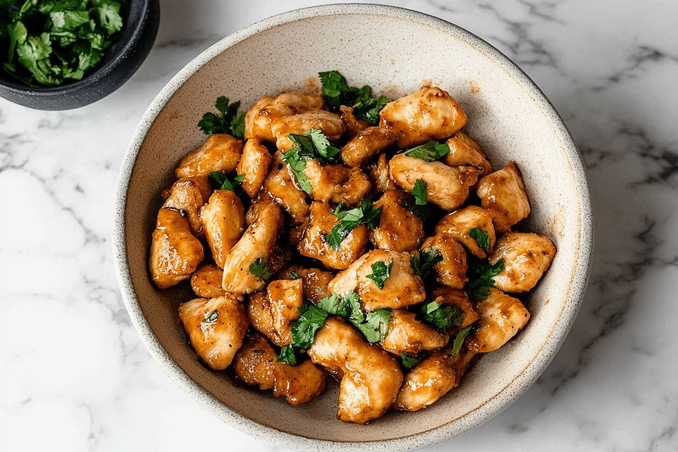 Chicken cooking in a cast iron skillet with steam rising