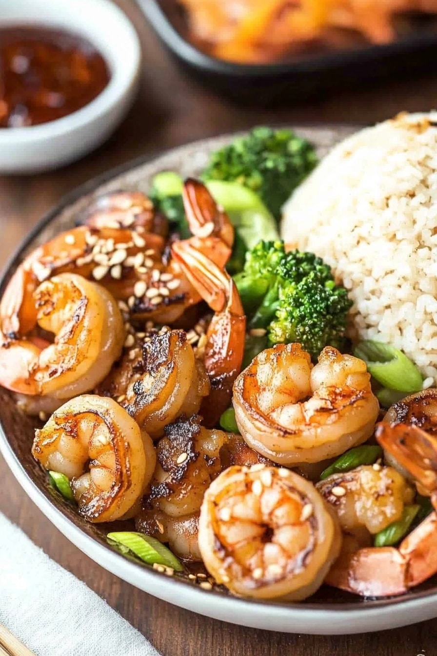 Shrimp sizzling on a griddle with garlic and soy sauce
