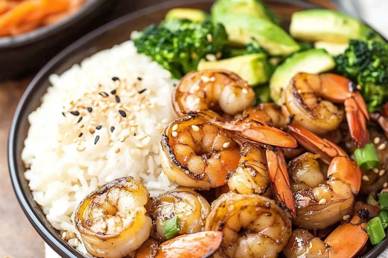 Shrimp in a skillet with soy garlic butter sauce