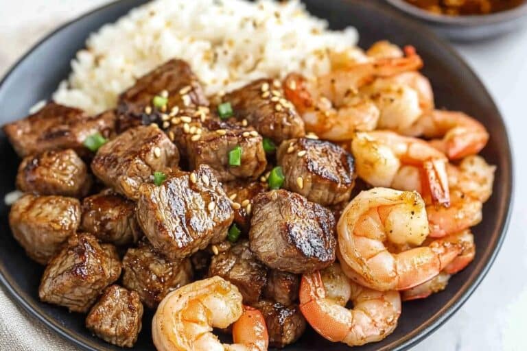 Plated hibachi steak and shrimp with garlic butter sauce and vegetables