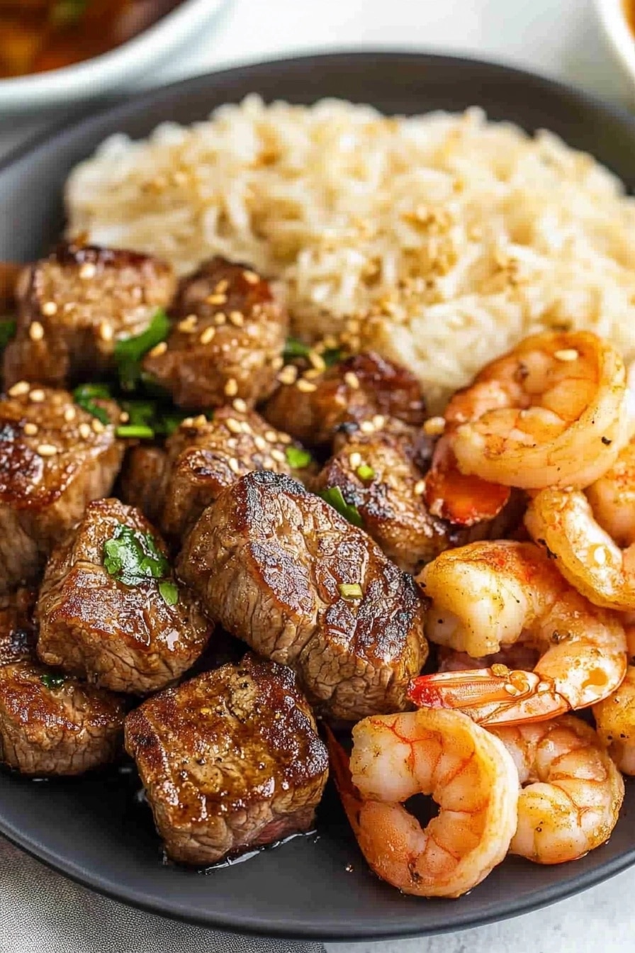 Hibachi steak and shrimp with noodles and vegetables
