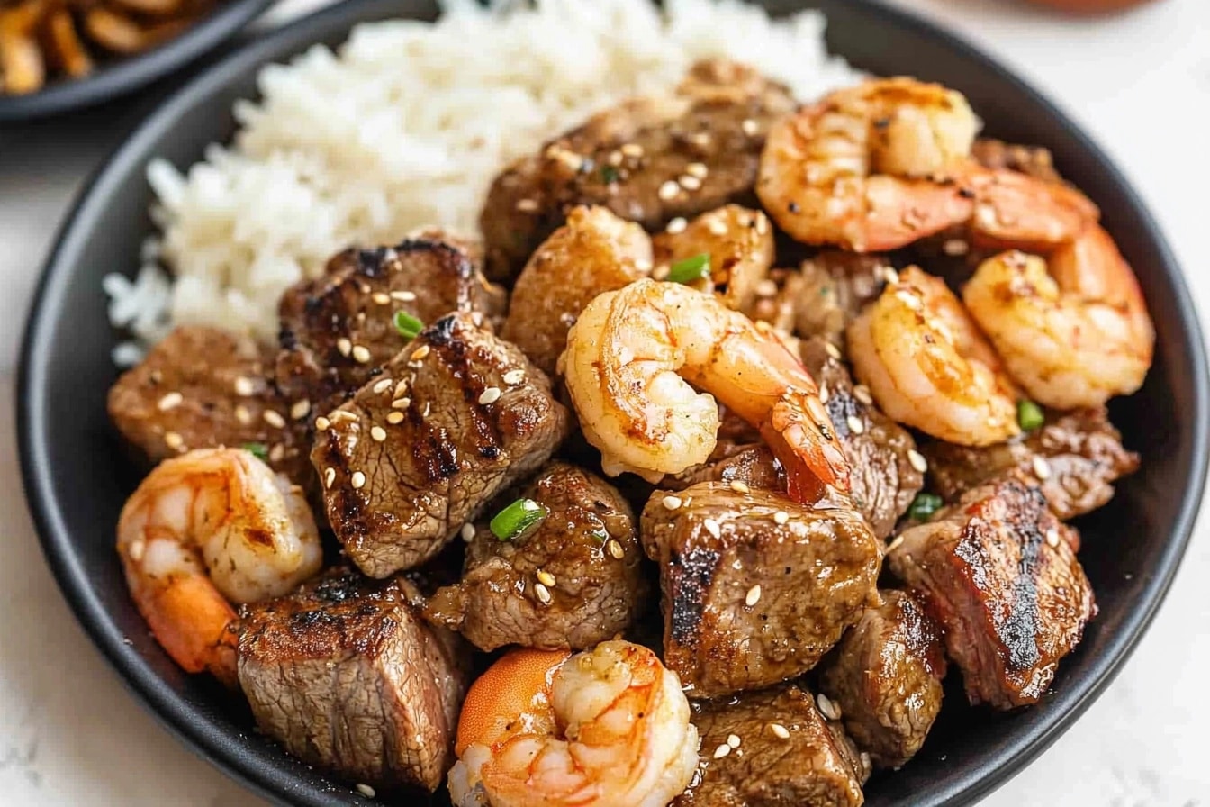 Hibachi steak and shrimp in meal prep container with rice and veggies