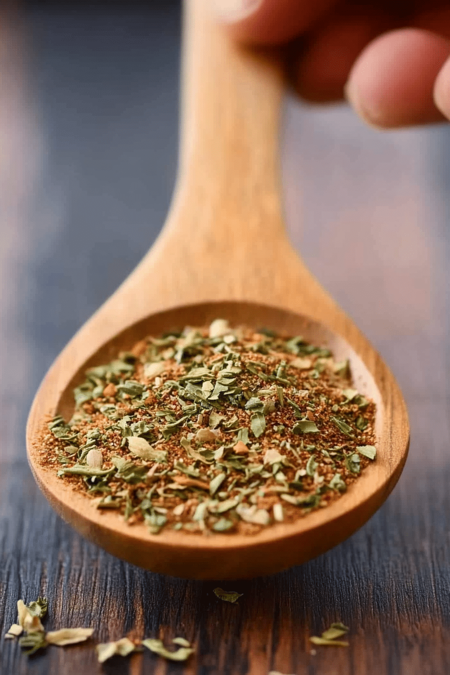 Tuscan spice blend being used in pasta skillet