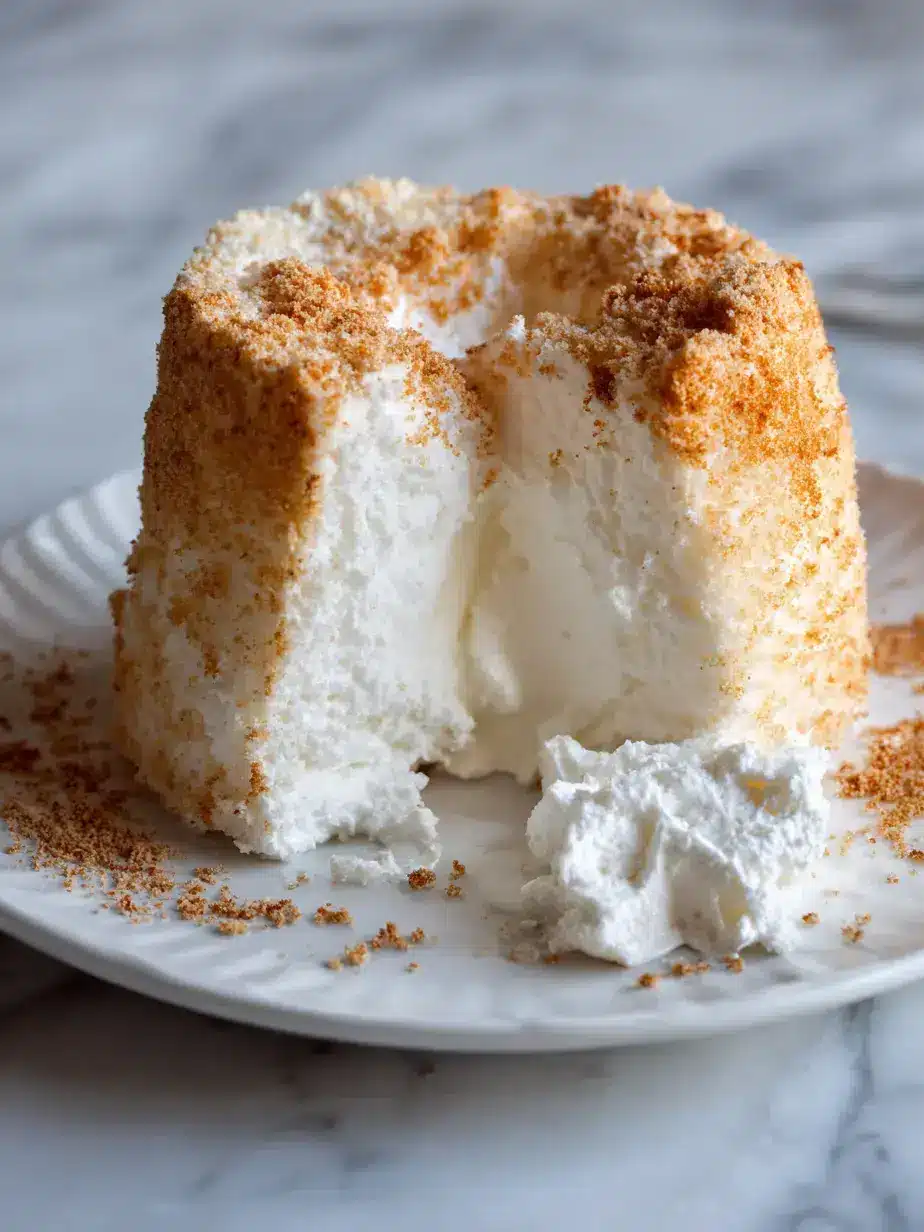 Perfect homemade angel food cake with white frosting on a cake stand