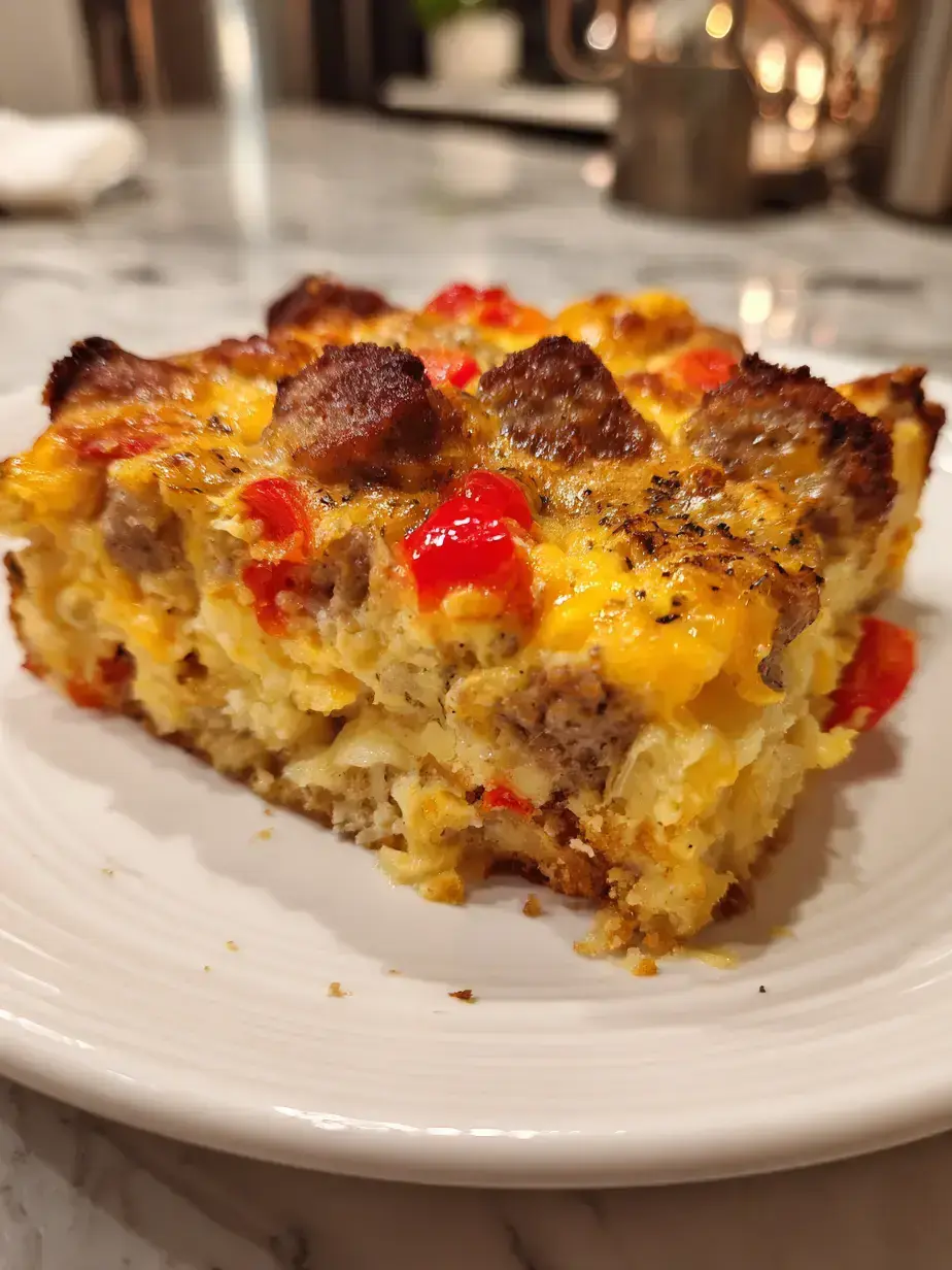 Golden brown breakfast casserole with sausage, cheese, and peppers fresh from the oven