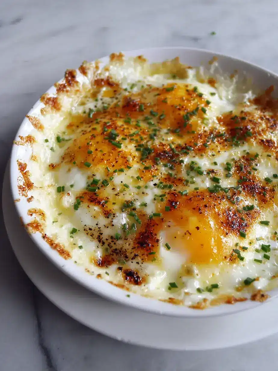 Freshly baked Cheesy Baked Eggs with melted cheddar A golden and bubbly dish of delicious Cheesy Baked Eggs fresh from the oven