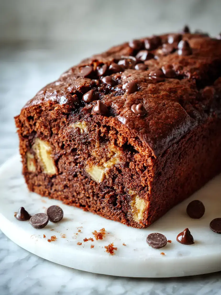 Freshly baked chocolate banana bread with melted chocolate chips on a rustic wooden table.