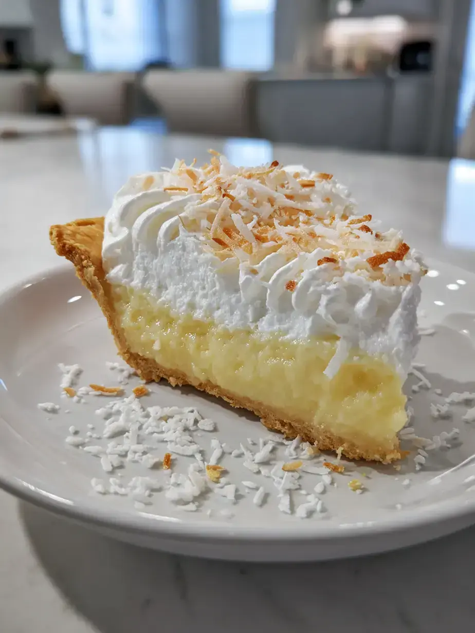 A stunning slice of homemade Coconut Cream Pie with toasted coconut topping on a rustic table
