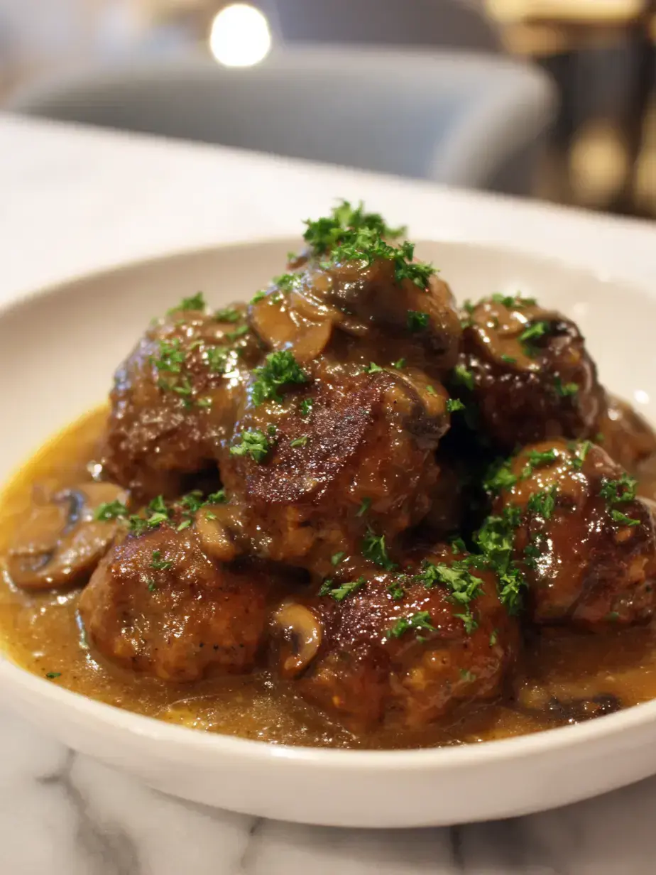 Crockpot Salisbury Steak Meatballs with Gravy Delicious Crockpot Salisbury steak meatballs with creamy mushroom gravy in a slow cooker