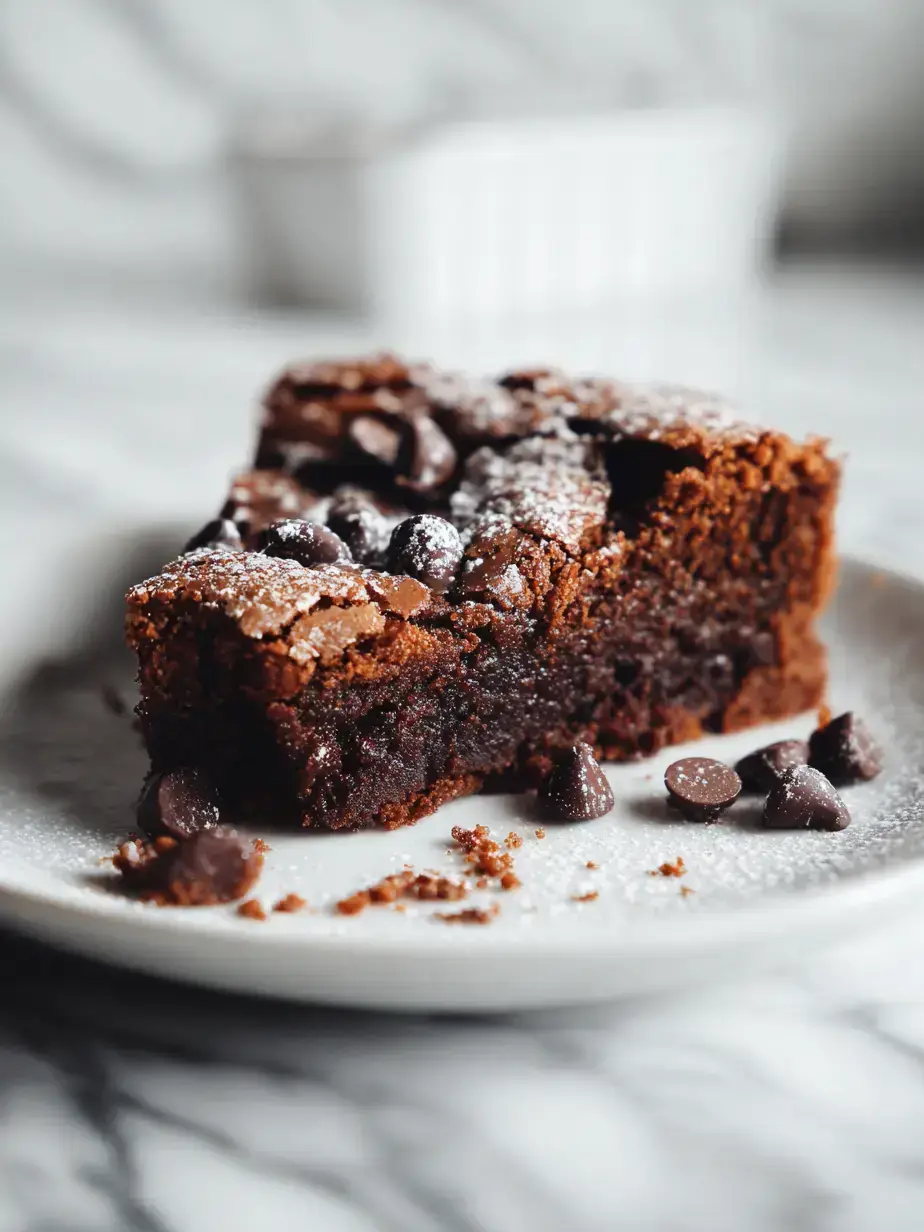 Homemade deep dish brownie with a cracked top and gooey center on a rustic table