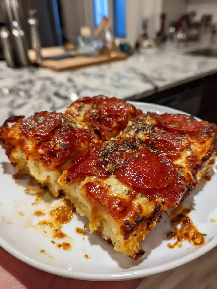 Golden brown Detroit Style Pizza with crispy edges and stripes of red sauce
