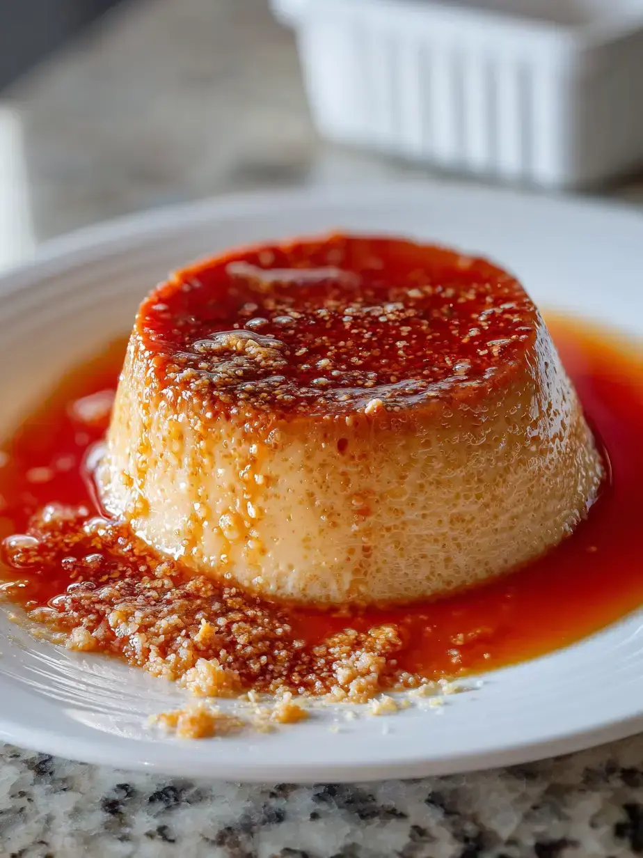 Beautiful homemade flan recipe with golden caramel sauce drizzled on a plate