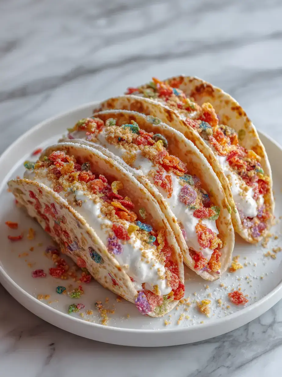 Freshly made Fruity Pebbles cheesecake tacos on a rustic wooden board, showcasing the colorful filling.