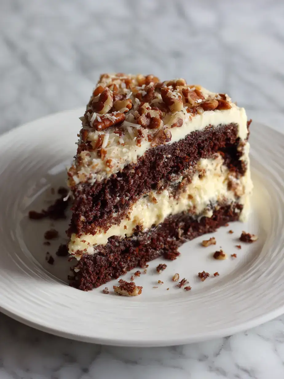 Homemade German Chocolate Cake slice with coconut pecan frosting on a vintage plate