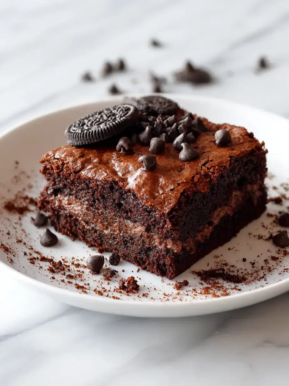 Fresh from the oven Oreo Brownie Recipe squares on a rustic wooden table