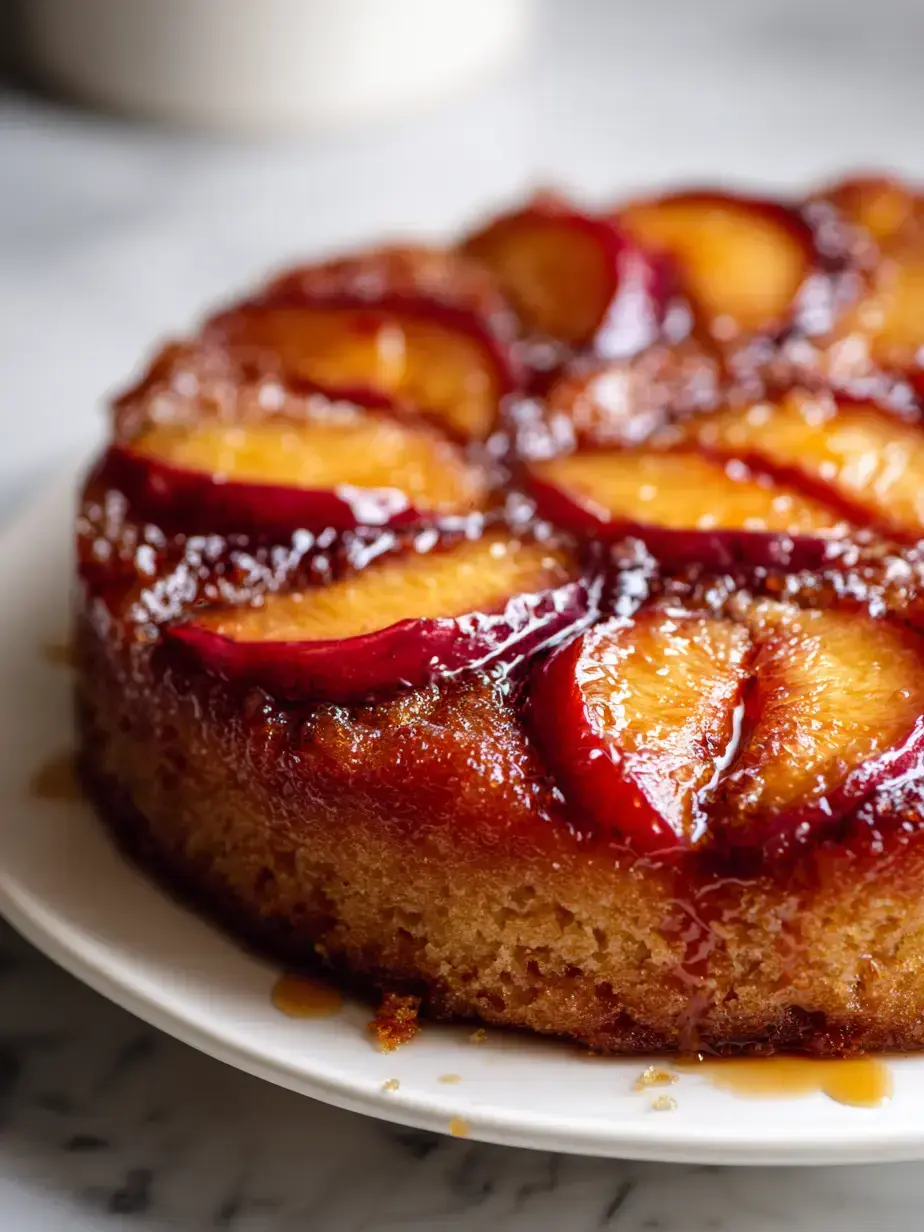 Freshly baked Peach Upside Down Cakes in a muffin tin with caramelized peach topping