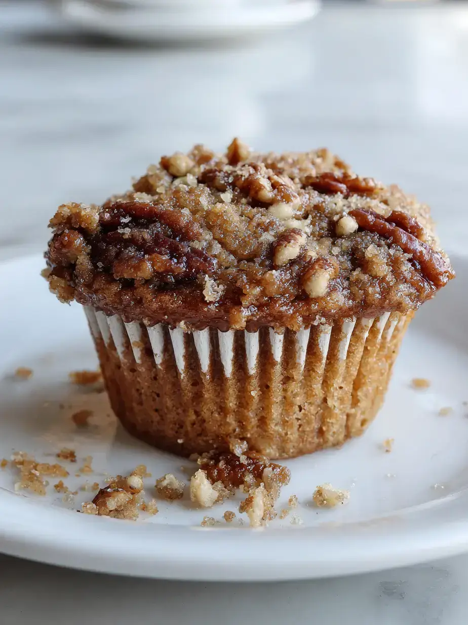 Freshly baked pecan pie muffins in a muffin tin with pecans on top