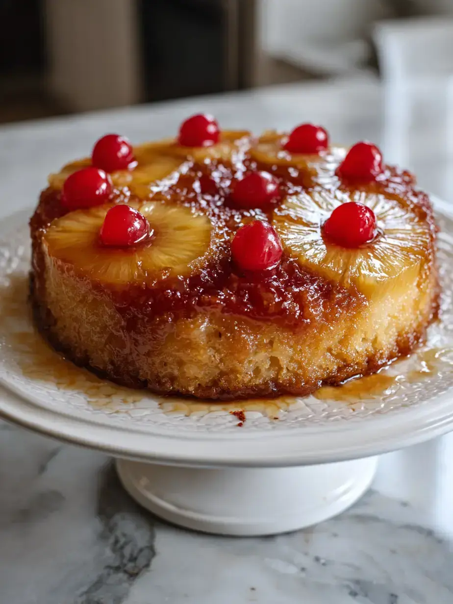 Freshly baked Pineapple Upside Down Cake with golden pineapple rings and red cherries on a plate.