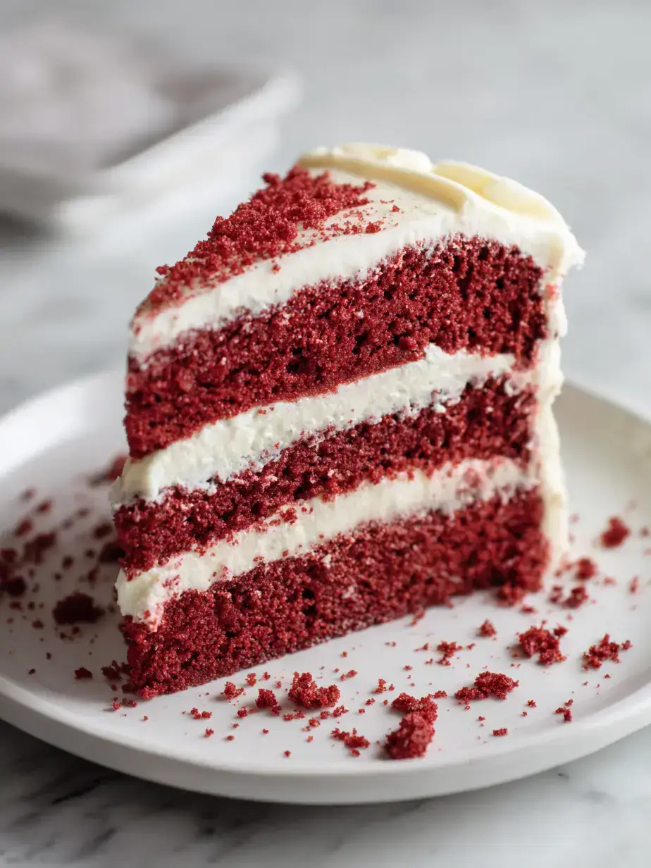 A classic homemade Red Velvet Cake slice with creamy frosting