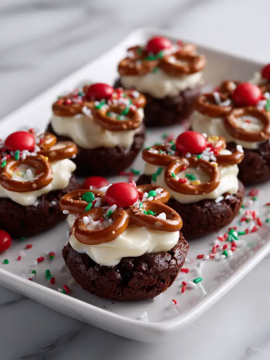 Close up of festive Reindeer brownie bites with pretzel antlers on a holiday platter