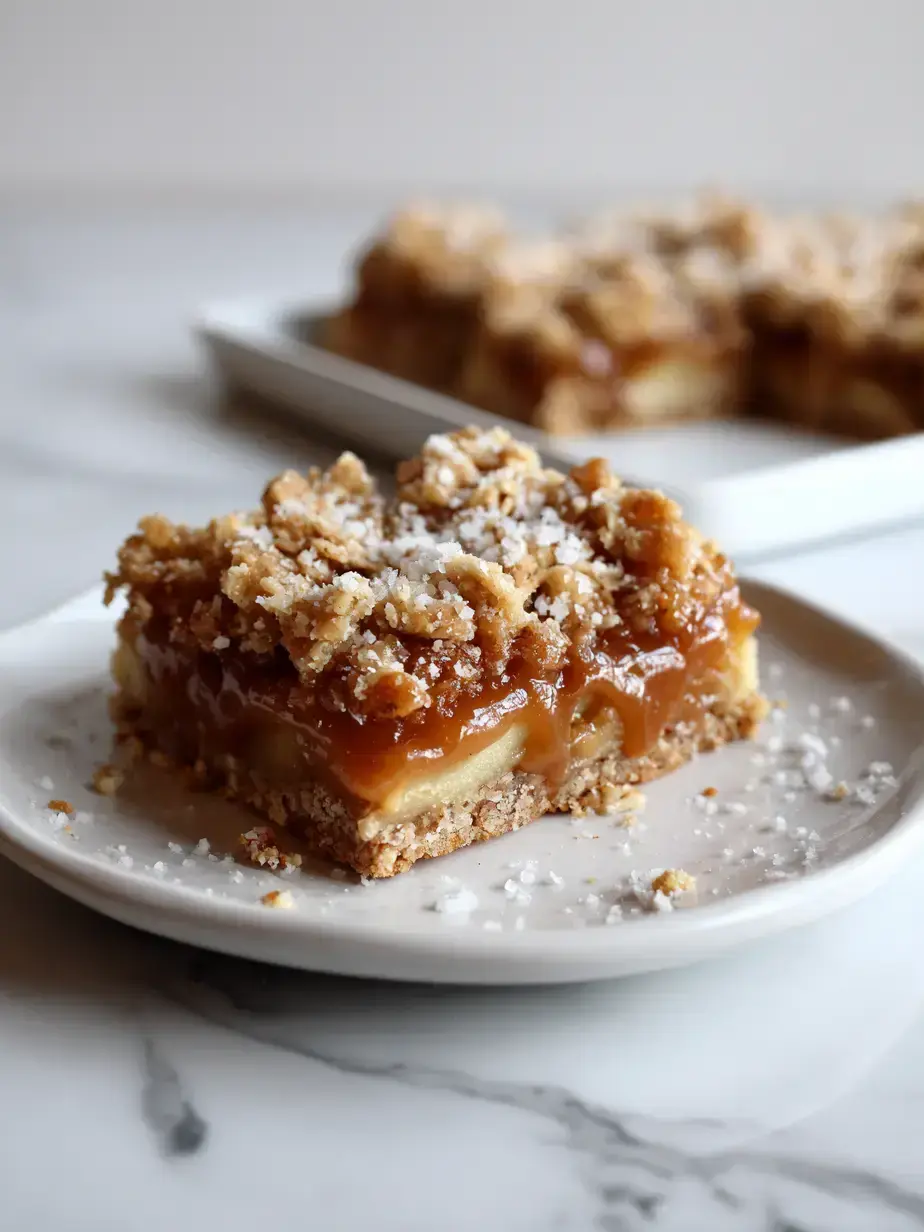Freshly baked Salted Caramel Apple Bars with gooey caramel on a rustic wood table