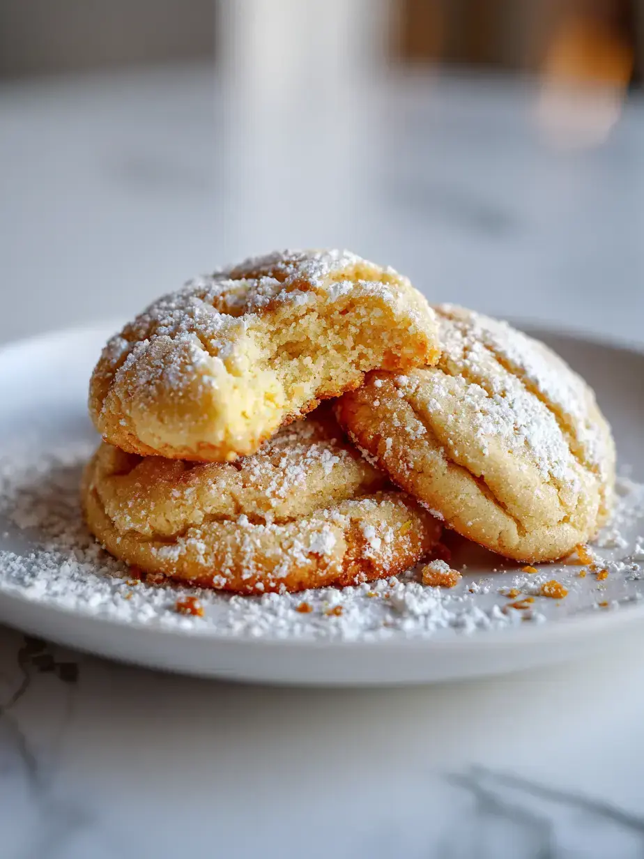 Homemade soft chewy lemon cookies on a vintage plate with a glass of milk