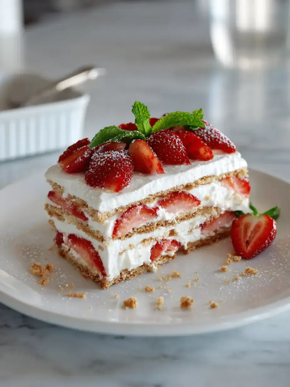 Homemade Strawberry Icebox Cake with layered graham crackers and fresh strawberries