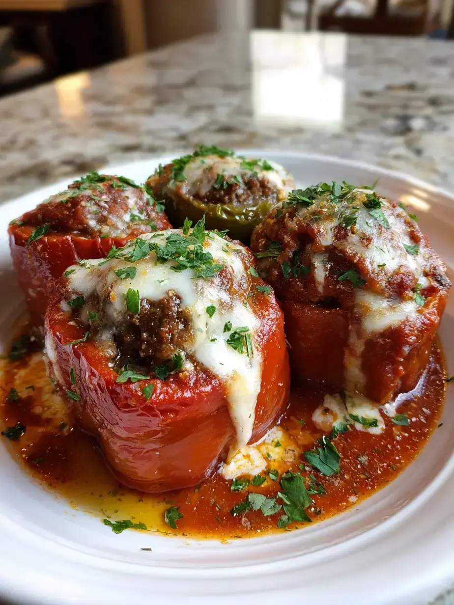 Cheesy and golden-brown Stuffed Bell Peppers ready to serve A beautiful baking dish filled with four colorful and cheesy Stuffed Bell Peppers fresh from the oven