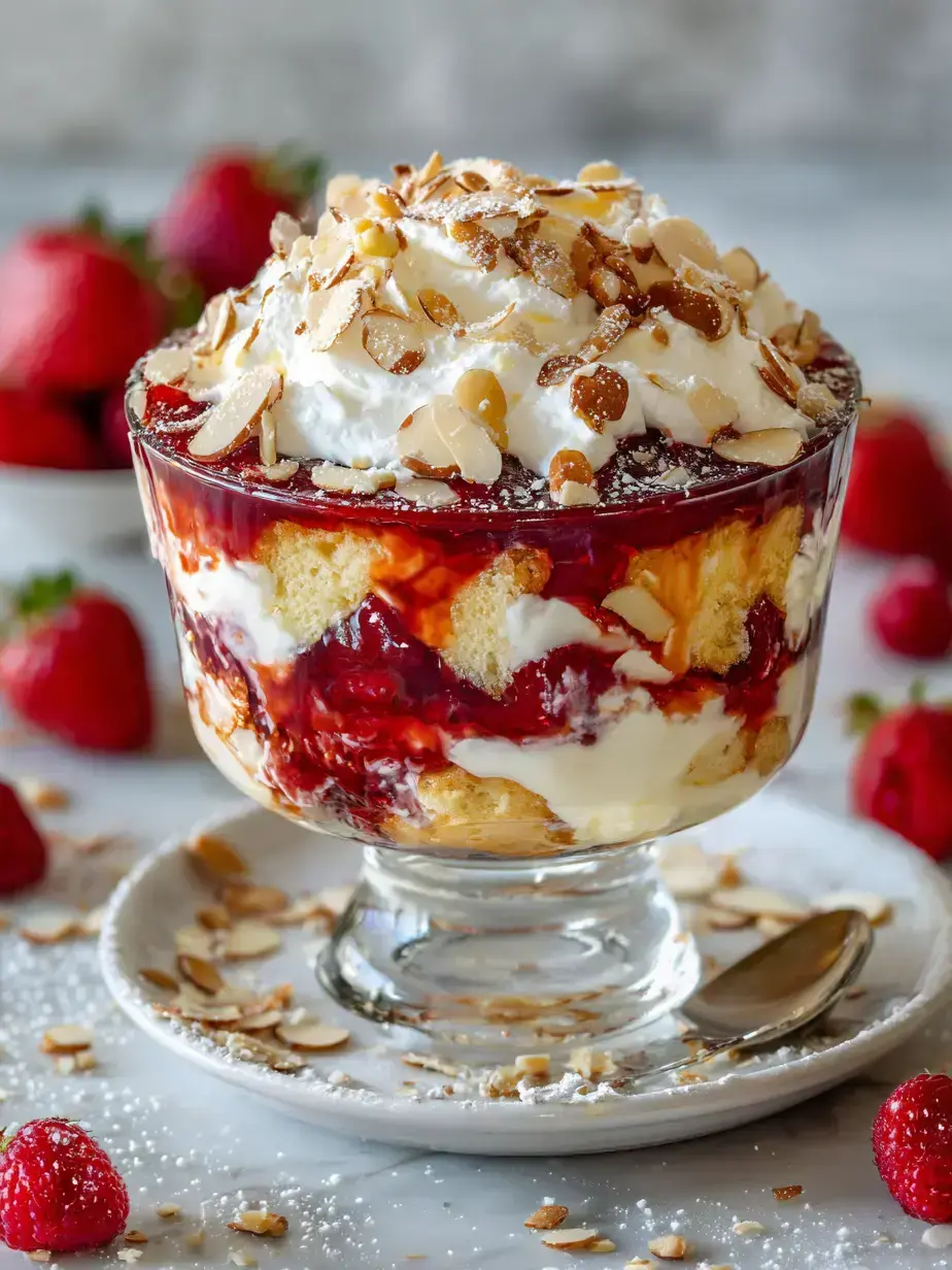 Layered Berry Trifle Recipe in a Glass Bowl A beautiful glass trifle bowl showing layered classic English trifle recipe with berries and cream