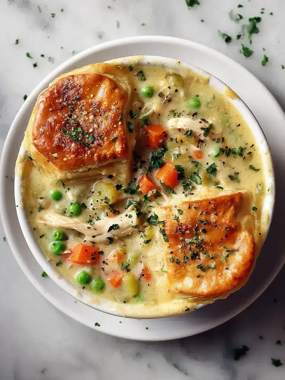 A steaming bowl of homemade chicken pot pie soup with creamy broth and vegetables