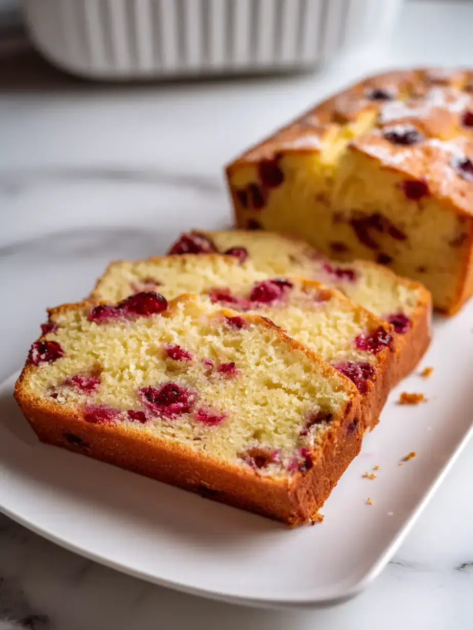 Freshly baked cranberry orange bread recipe loaf on a wooden cutting board with festive napkin