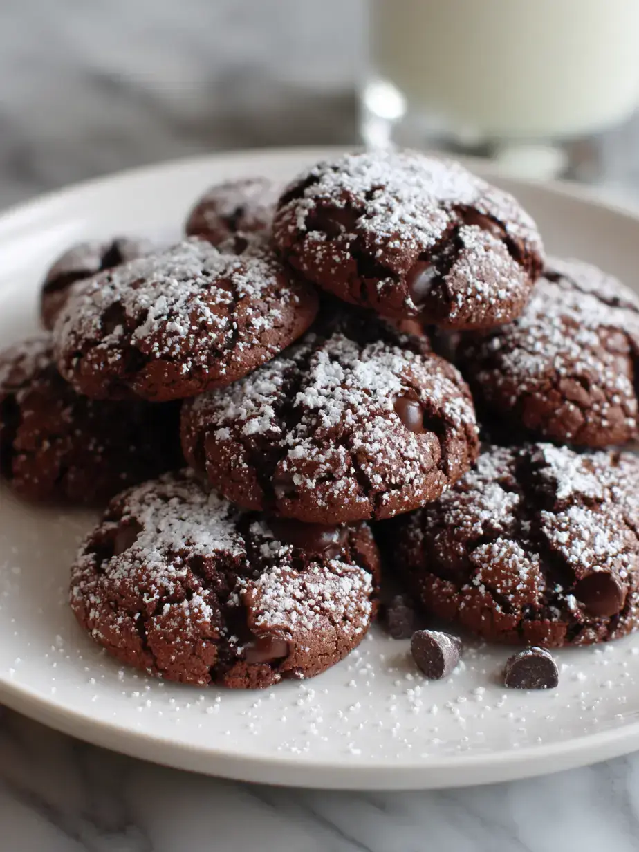A batch of freshly baked flourless chocolate cookies with crackled tops