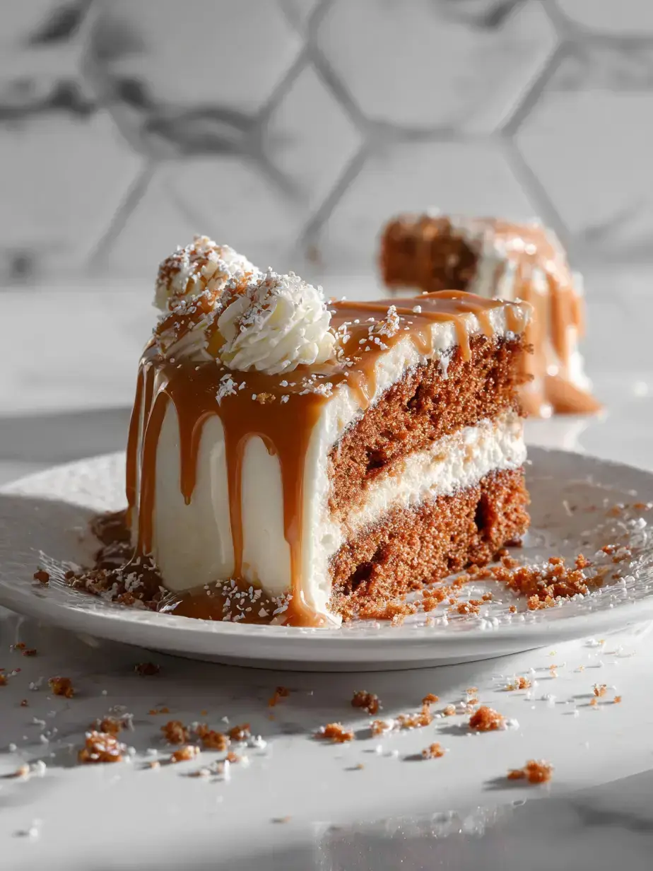 A beautiful slice of homemade caramel cake with rich, dripping caramel icing on a rustic plate