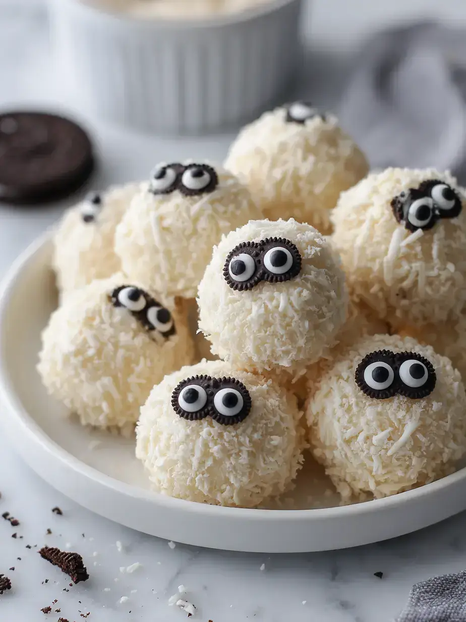 Scary and delicious homemade mummy Oreo truffles Finished mummy oreo balls recipe with candy eyes and white chocolate drizzles on a plate