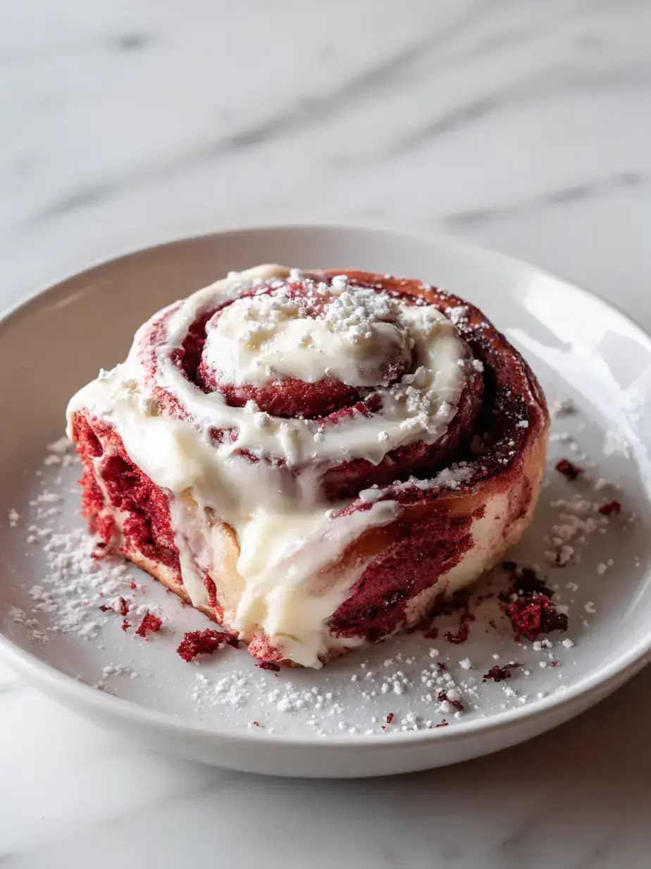 Freshly baked red velvet cinnamon rolls with cream cheese glaze drizzled on top