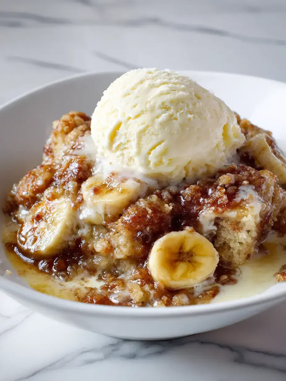 Golden brown southern banana cobbler fresh from the oven with bubbling sauce
