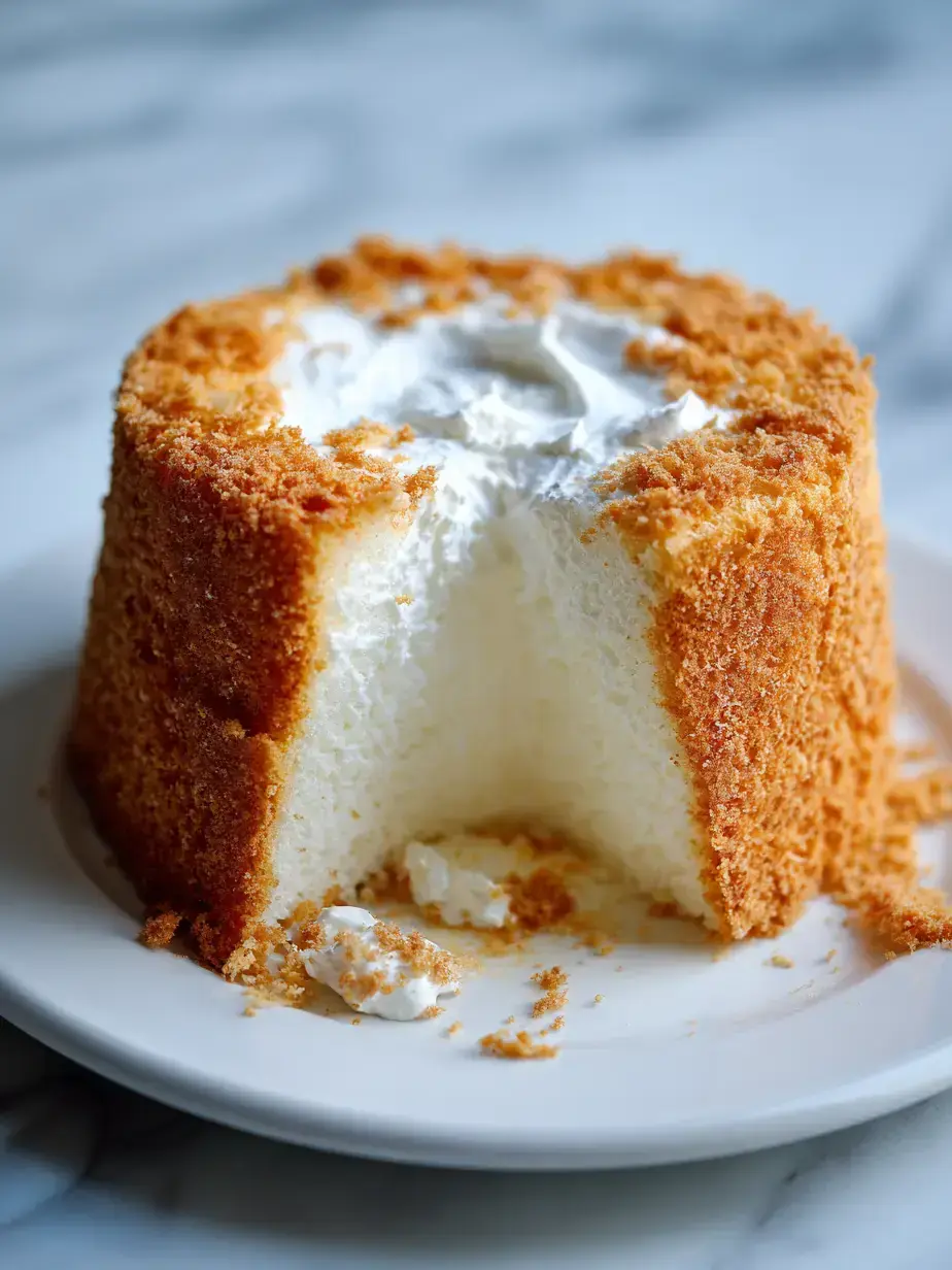 Slice of angel food cake with strawberries and whipped cream