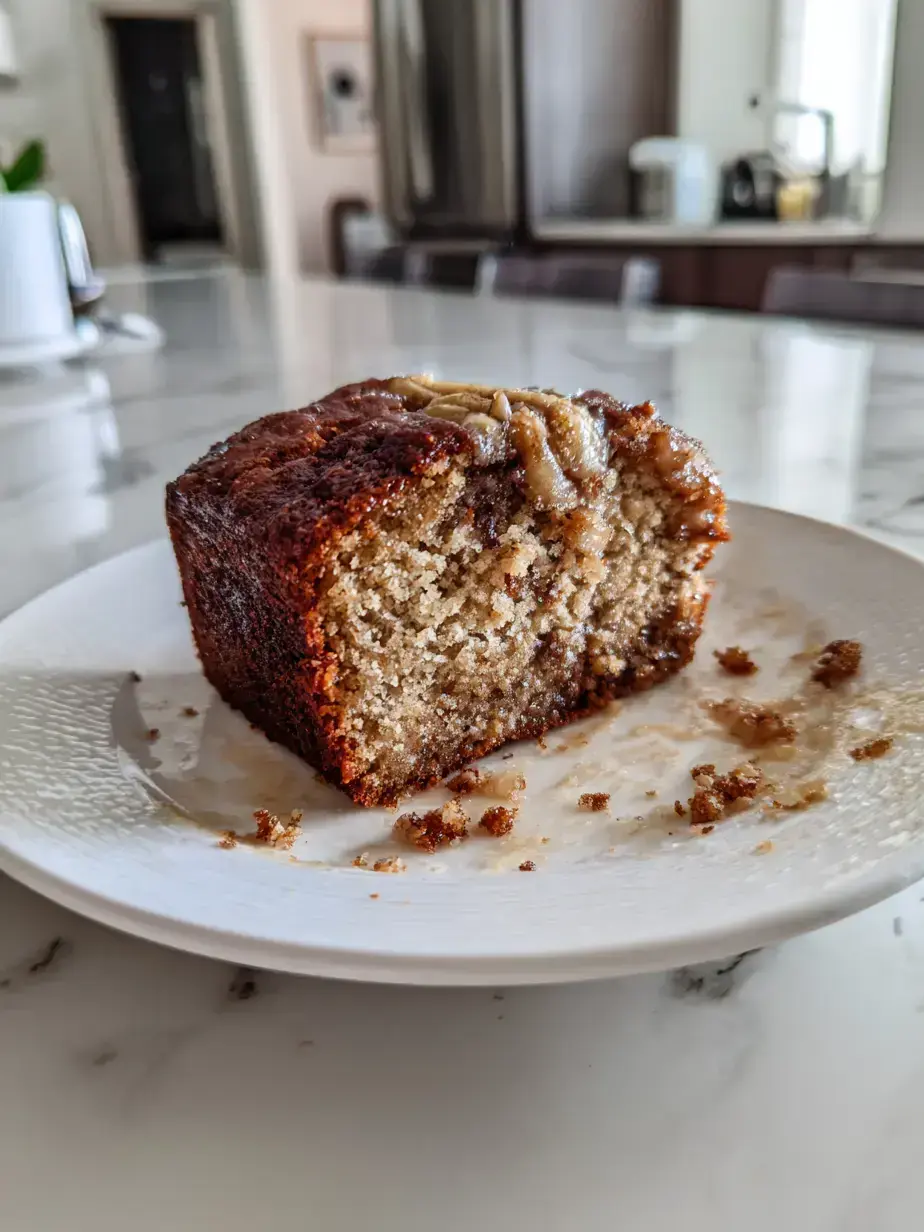 Close up slice of moist banana bread with melting butter